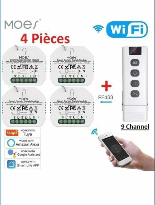 pack de démarrage domotique tuya
WiFi et Telecommande RF433 pour rideaux volet roulant et éclairage